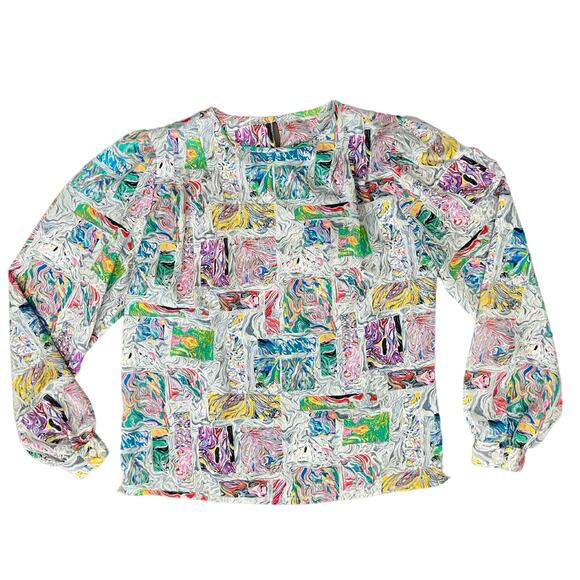 Vintage 80s Gray Rainbow Blue Pink Swirl Satin Scoop Neck Blouse size 10 / M - Picture 2 of 11